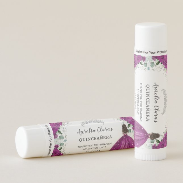 Fuchsia Purple Floral Quinceañera Princess Dress Lip Balm (Front)