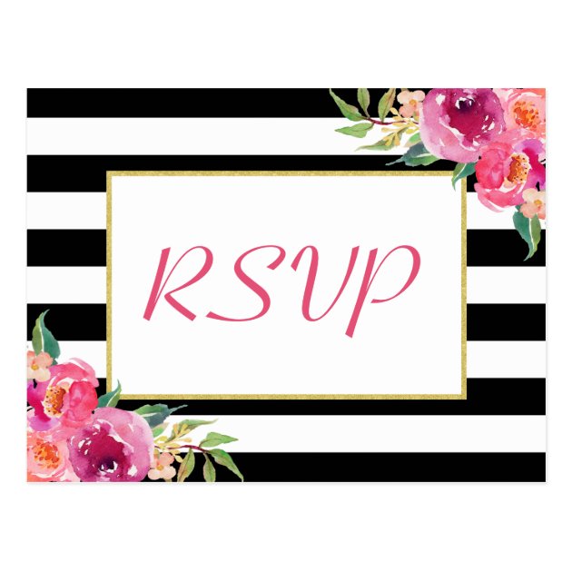 Fuchsia Purple Red Floral Gold Wedding RSVP Reply Postcard