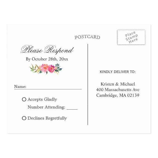 Fuchsia Purple Red Floral Gold Wedding RSVP Reply Postcard