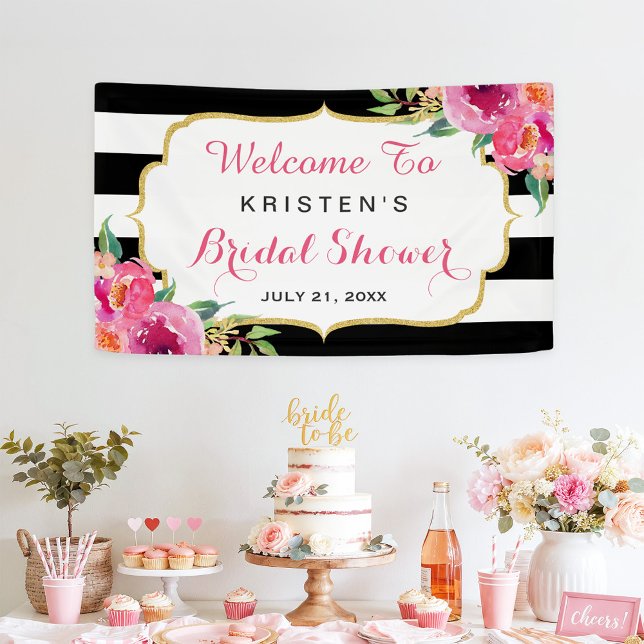 Fuchsia Purple Red Floral Stripes Bridal Shower Banner (Creator Uploaded)
