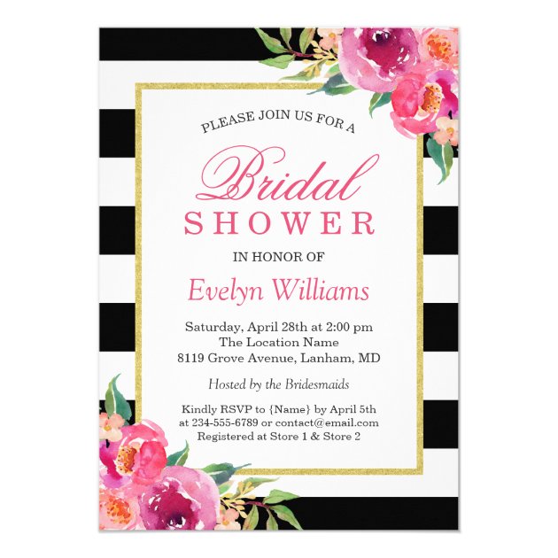 Fuchsia Purple Red Floral Stripes Bridal Shower Invitation