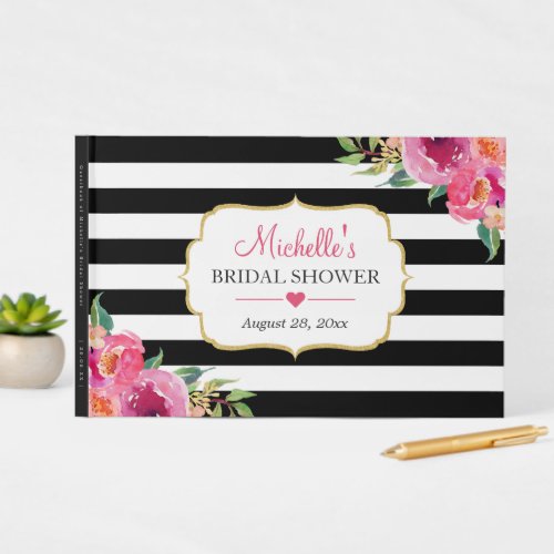 Fuchsia Purple Red Floral Stripes Bridal Shower Guest Book