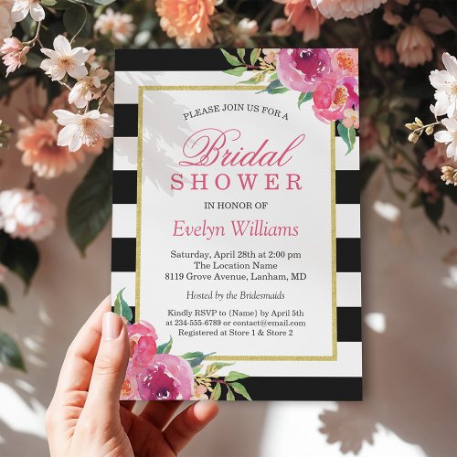 Fuchsia Purple Red Floral Stripes Bridal Shower Invitation