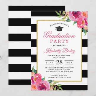 Fuchsia Purple Red Floral Stripes Graduation Party Invitation