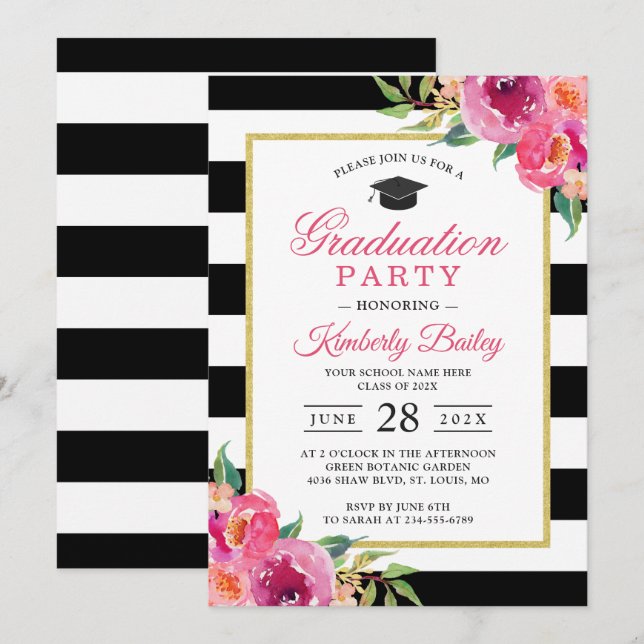 Fuchsia Purple Red Floral Stripes Graduation Party Invitation (Front/Back)