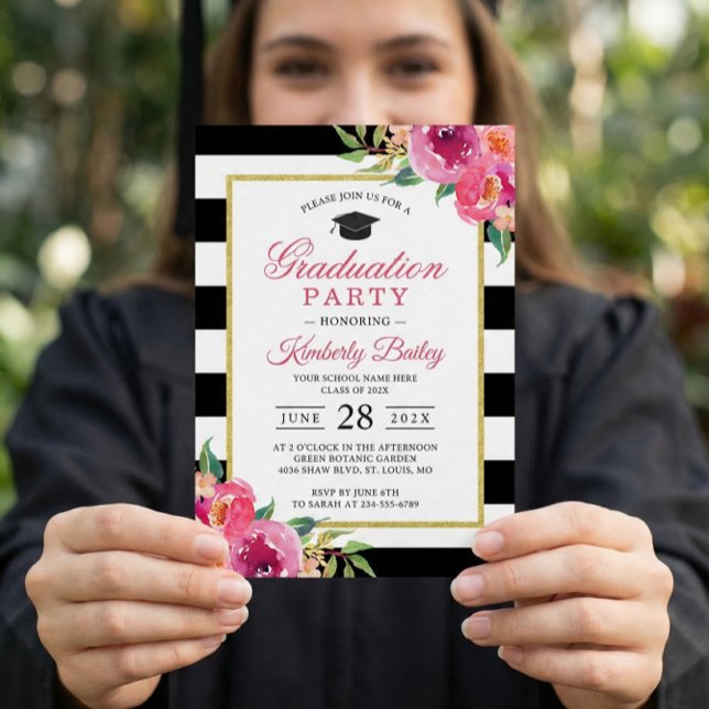 Fuchsia Purple Red Floral Stripes Graduation Party Invitation (Creator Uploaded)