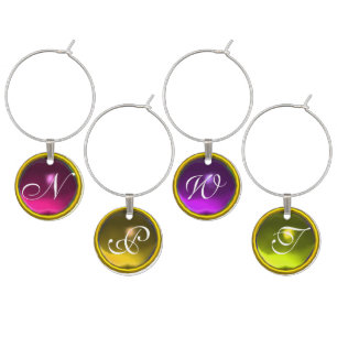 FUCHSIA,PURPLE, YELLOW GEMSTONES MONOGRAM WINE CHARM