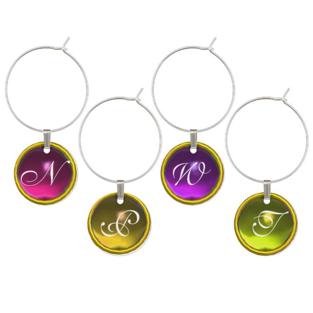 FUCHSIA,PURPLE, YELLOW GEMSTONES MONOGRAM WINE CHARM (Staggered)