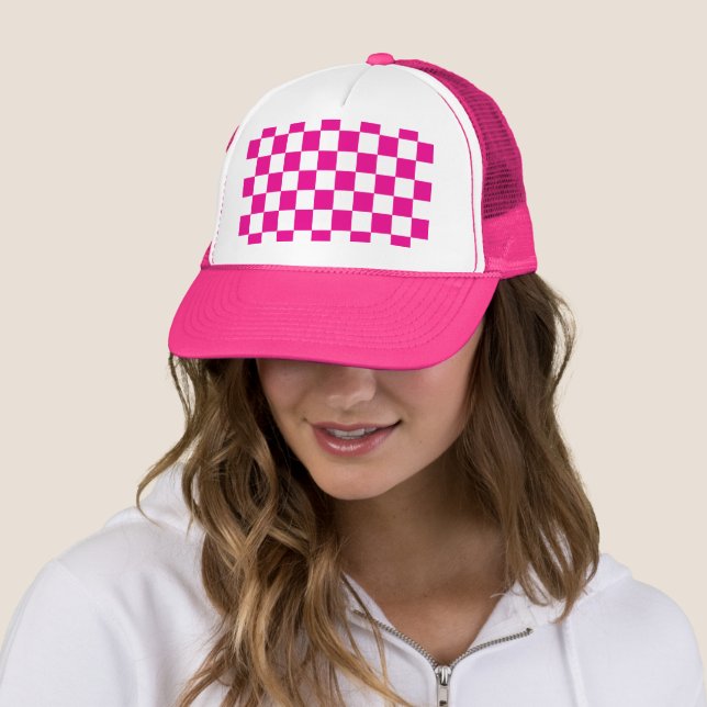 Fuchsia Racing Checkered Flag Display Customizable Trucker Hat (In Situ)