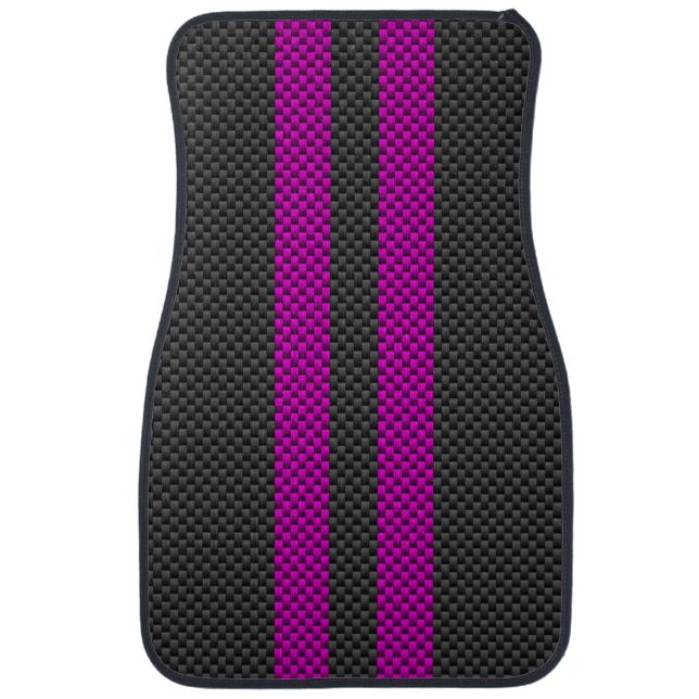 Fuchsia Racing Stripes in Carbon Fiber Style Car Mat (Front)