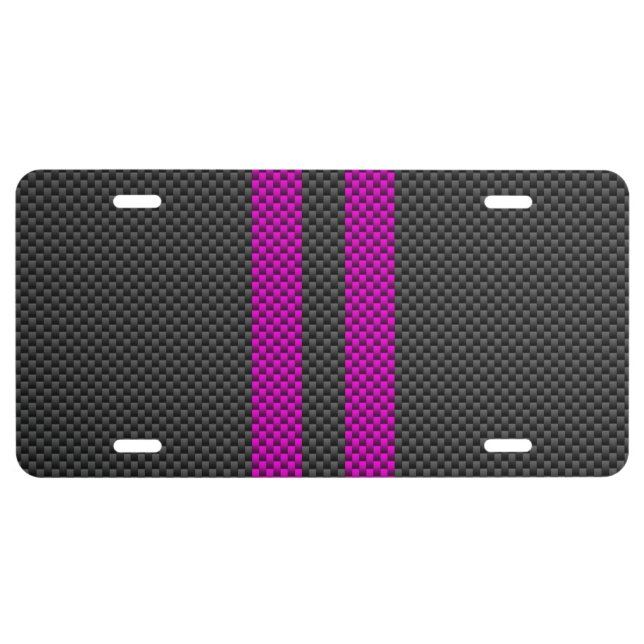 Fuchsia Racing Stripes in Carbon Fiber Style License Plate (Front)