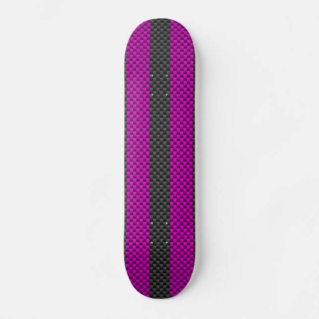 Fuchsia Racing Stripes in Carbon Fiber Style Skateboard Deck (Front)