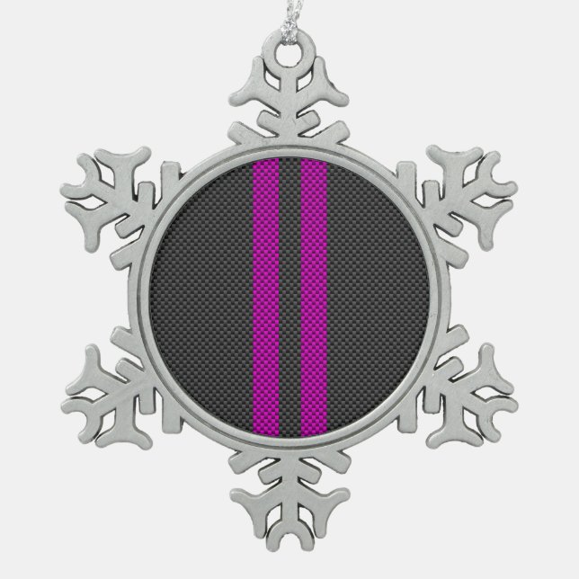 Fuchsia Racing Stripes in Carbon Fiber Style Snowflake Pewter Christmas Ornament (Front)
