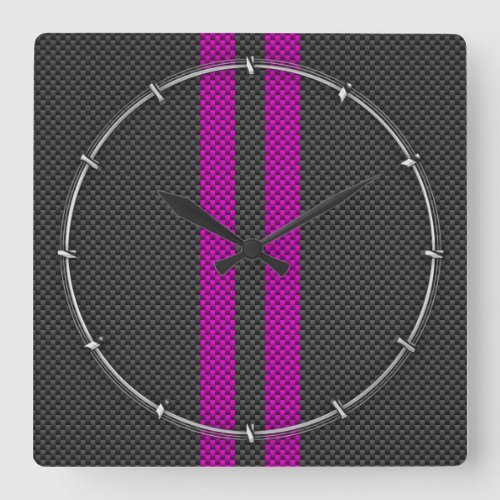 Fuchsia Racing Stripes in Carbon Fiber Style Square Wall Clock