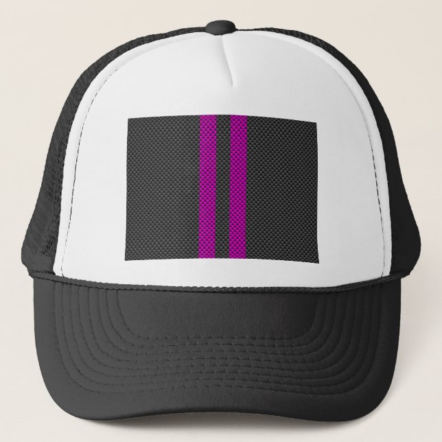 Fuchsia Racing Stripes in Carbon Fiber Style Trucker Hat (Front)