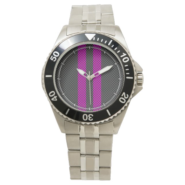 Fuchsia Racing Stripes in Carbon Fiber Style Watch (Front)