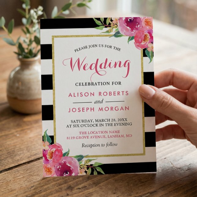 Fuchsia Raspberry Floral Stripes Modern Wedding Invitation (Creator Uploaded)