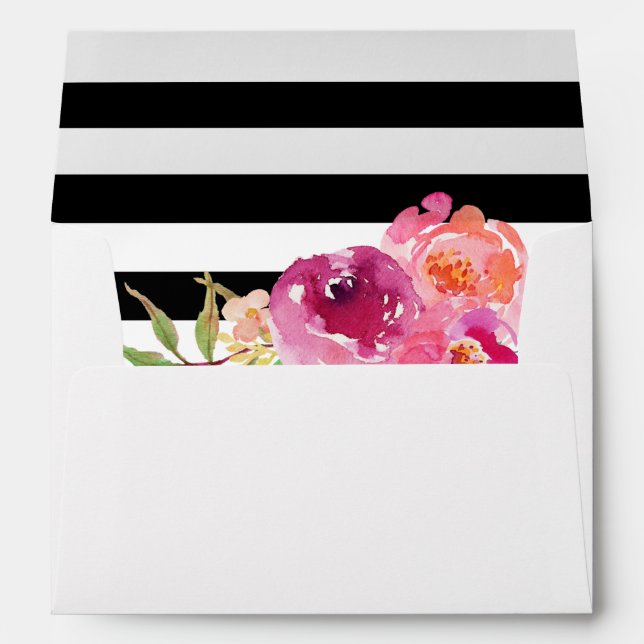 Fuchsia Raspberry Floral Stripes Return Address Envelope (Back (Bottom))