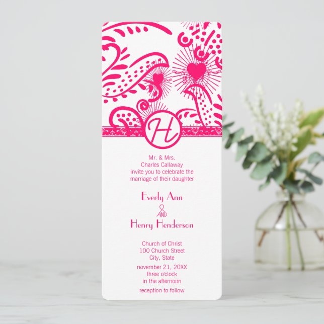 Fuchsia Raspberry Love Birds Wedding Invitation (Standing Front)