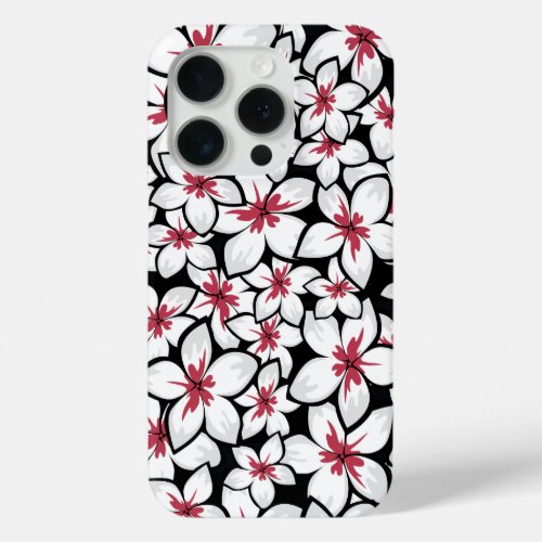 Fuchsia Red and white frangipani art on black iPhone 15 Pro Case