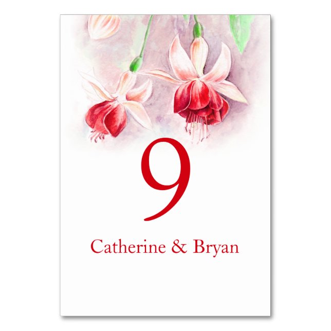 Fuchsia red watercolor flower wedding table number (Back)