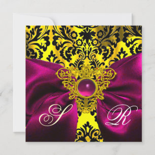FUCHSIA RIBBON GOLD CELTIC HEART DAMASK MONOGRAM INVITATION
