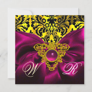 FUCHSIA RIBBON GOLD CELTIC HEART DAMASK MONOGRAM INVITATION