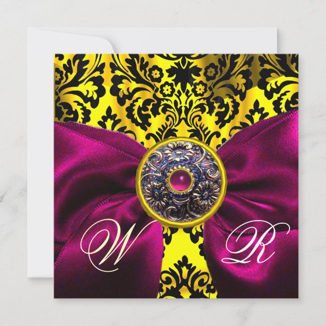 FUCHSIA RIBBON GOLD YELLOW  BLACK  DAMASK MONOGRAM INVITATION (Front)