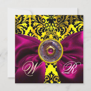 FUCHSIA RIBBON GOLD YELLOW  BLACK  DAMASK MONOGRAM INVITATION