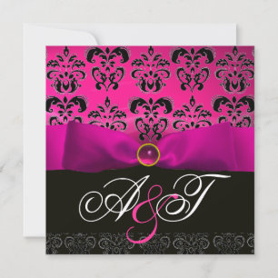 FUCHSIA RIBBON PINK PURPLE BLACK DAMASK MONOGRAM INVITATION