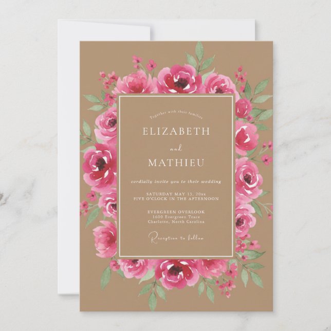 Fuchsia Romantic Floral Wedding Invitation (Front)
