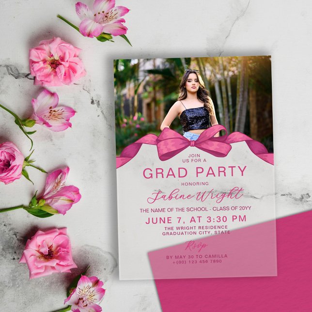 Fuchsia Rose Bow Photo Graduation Party Acrylic Invitations (Creator Uploaded)