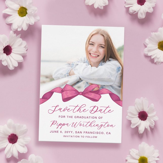 Fuchsia Rose Bow Photo Graduation Save the Date (Creator Uploaded)