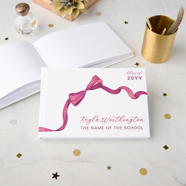 Fuchsia Rose Pink Bow No Photo Graduation Guest Book (Front Open)