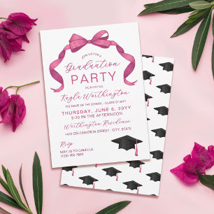 Fuchsia Rose Pink Bow No Photo Graduation Invitation