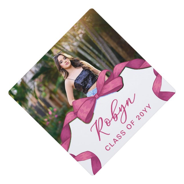 Fuchsia Rose Pink Bow Photo Girly Graduation Graduation Cap Topper (Front)