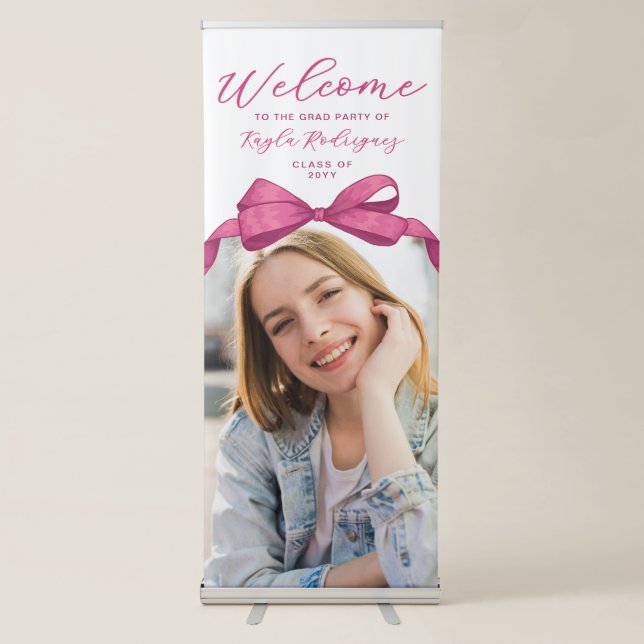 Fuchsia Rose Pink Bow Photo Graduation Welcome Retractable Banner (Front)
