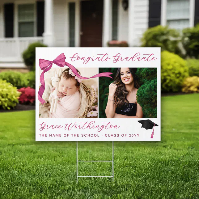 Pink Sign Grad Example Fuchsia Rose Pink Bow Photos Congrats Graduate Sign | Zazzle