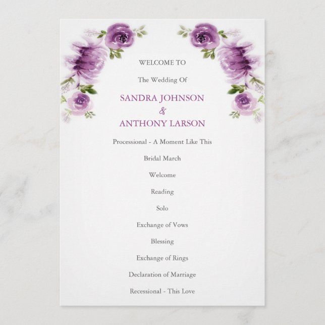 Fuchsia Roses and Peonies Wedding  Program (Front)