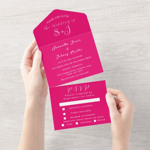 Fuchsia RSVP Simple Hot Pink Chic Trendy Wedding All In One Invitation