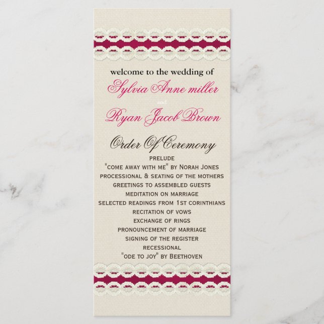 Fuchsia Rustic burlap and lace wedding Program (Front)