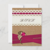 Fuchsia Rustic burlap and lace wedding RSVP Card