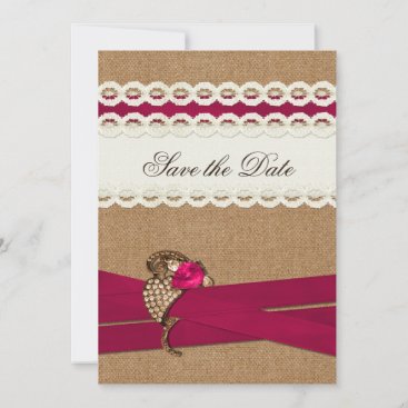 Fuchsia Rustic burlap and lace wedding Save The Date