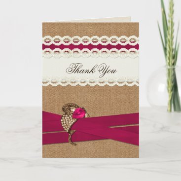 Fuchsia Rustic burlap and lace wedding Thank You Card