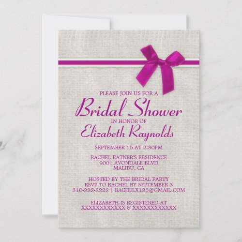 Fuchsia Rustic Burlap Bridal Shower Invitations