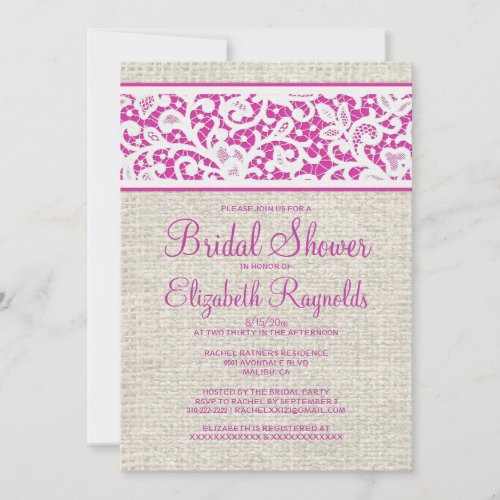 Fuchsia Rustic Burlap Linen Bridal Shower Invites