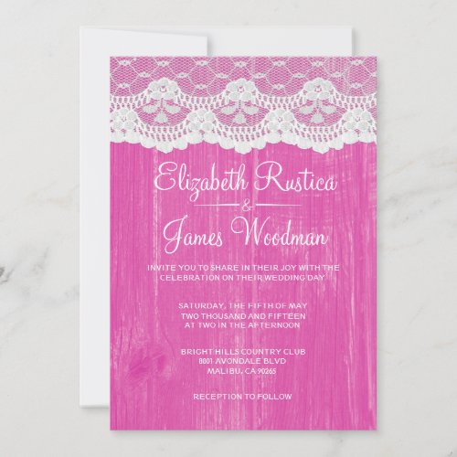 Fuchsia Rustic Lace Barn Wood Wedding Invitations