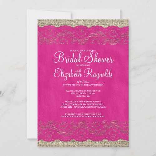 Fuchsia Rustic Lace Bridal Shower Invitations