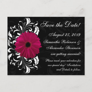 Fuchsia Scroll Gerbera Daisy Black Save the Date Announcement Postcard