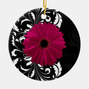 Fuchsia Scroll Gerbera Daisy w/Black and White Ceramic Ornament